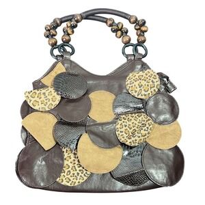 Unique Brown Shoulder Bag with Leopard Print & Snakeskin Accents - Beaded